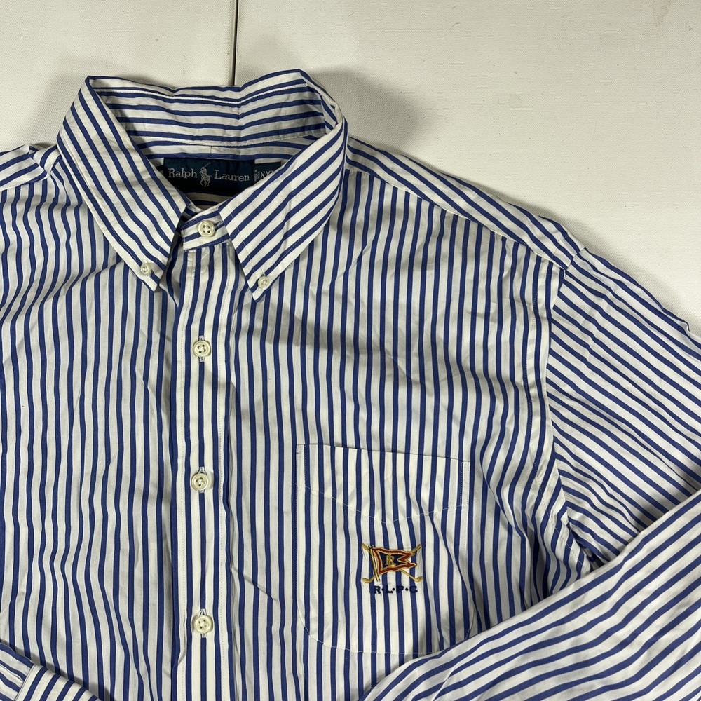 Vtg Ralph Lauren Embroidered RLPC Blue Striped Button Shirt Flag Mens XXL